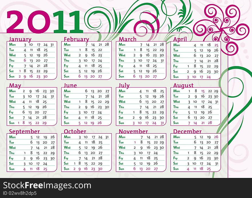 Female calendar with classical flower decoration in pink and green, horizontal format. Female calendar with classical flower decoration in pink and green, horizontal format