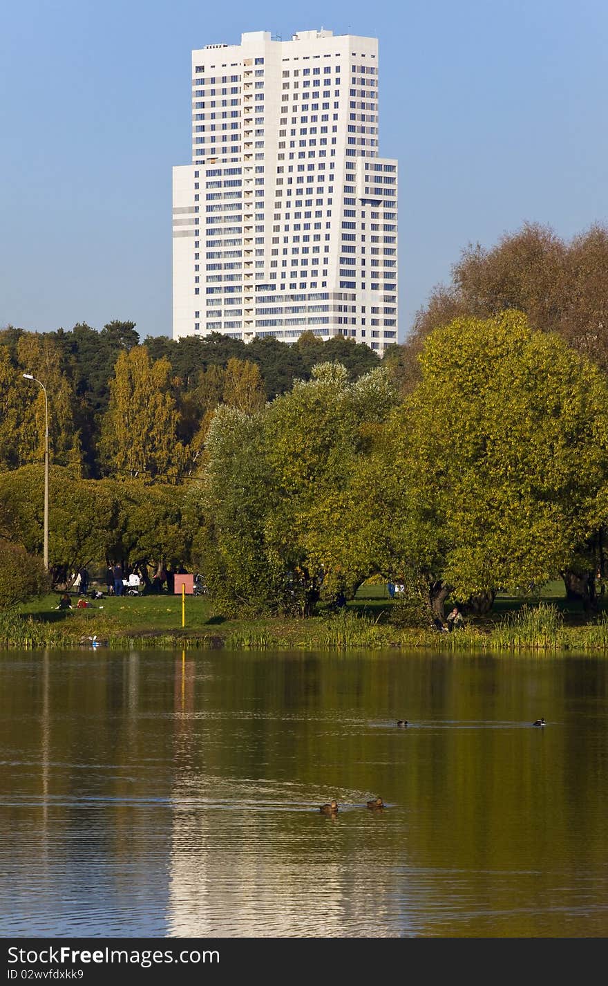 Park with pond and hight rise building at background