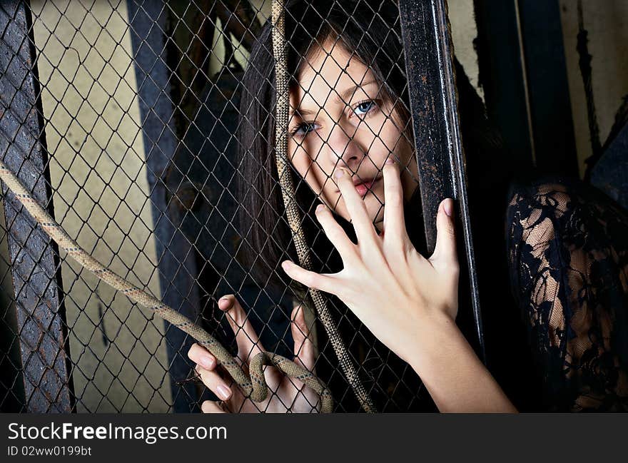 Portrait brunet female with blue eyes through the lattice