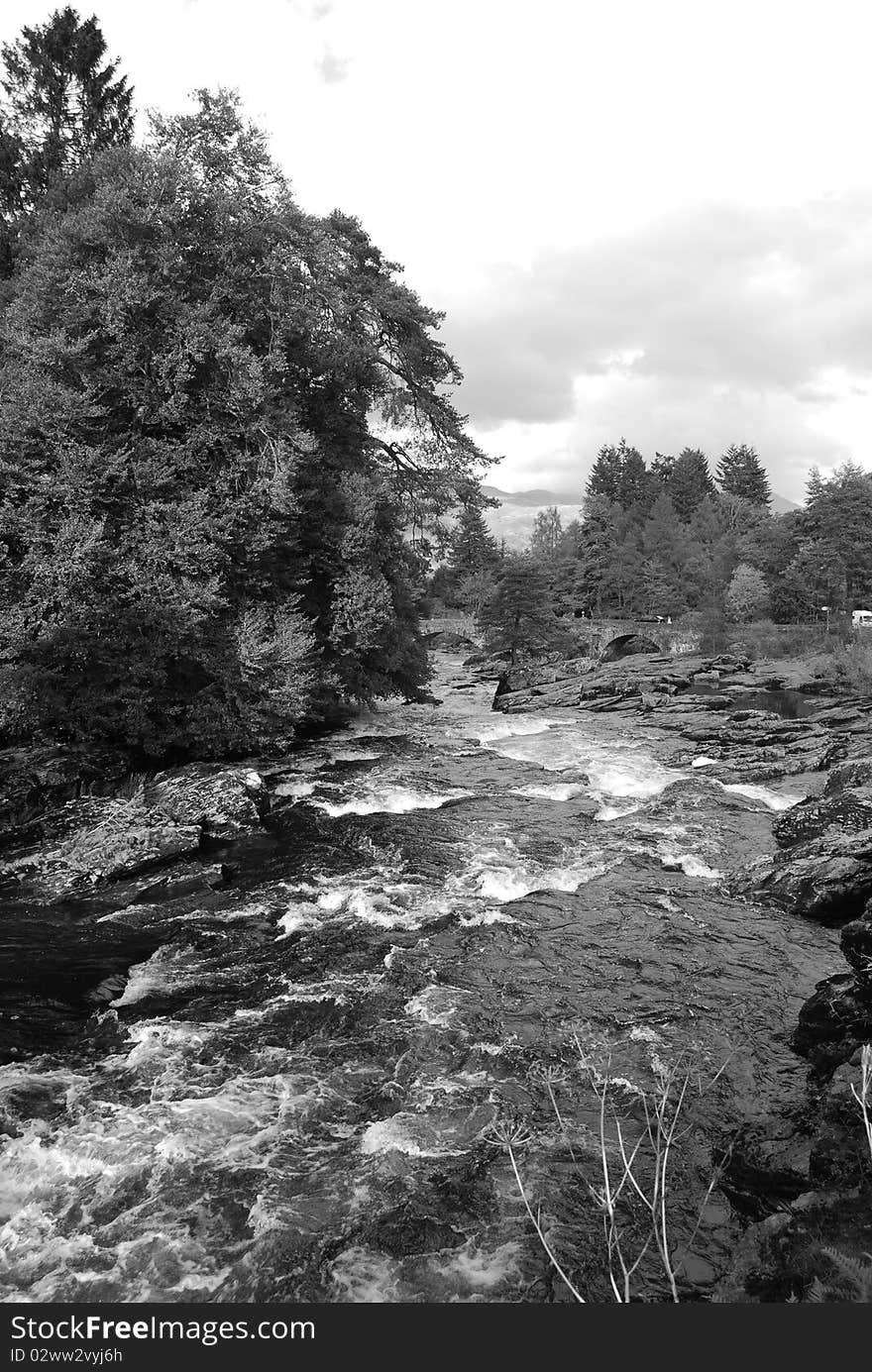 A view of the upper falls on the river Dochart at Killin in highland Perthshire