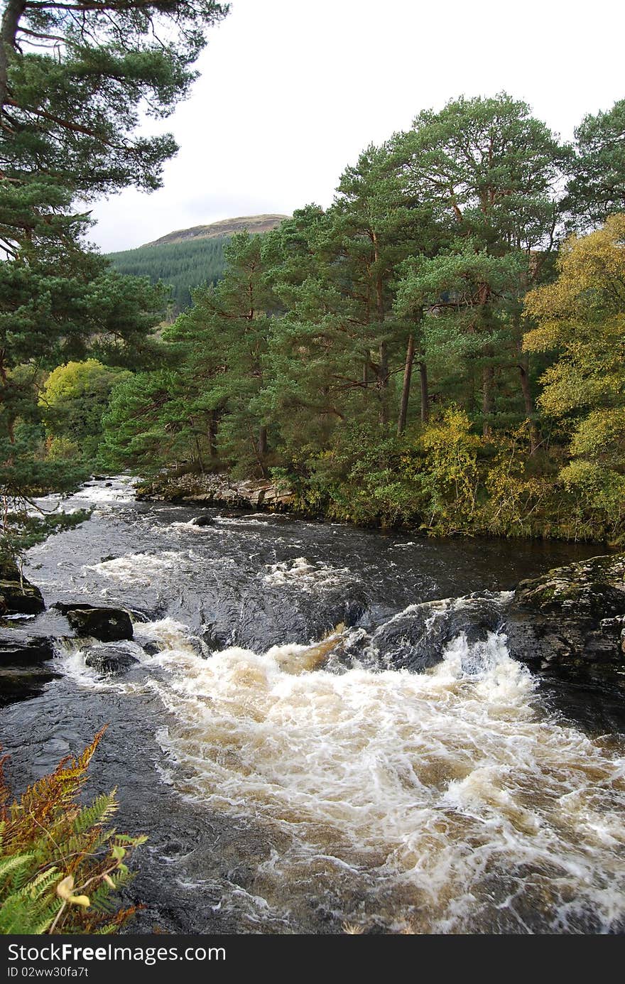 A view of the river dochart near the highland Perthshire town of Killin just as the river approaches the falls