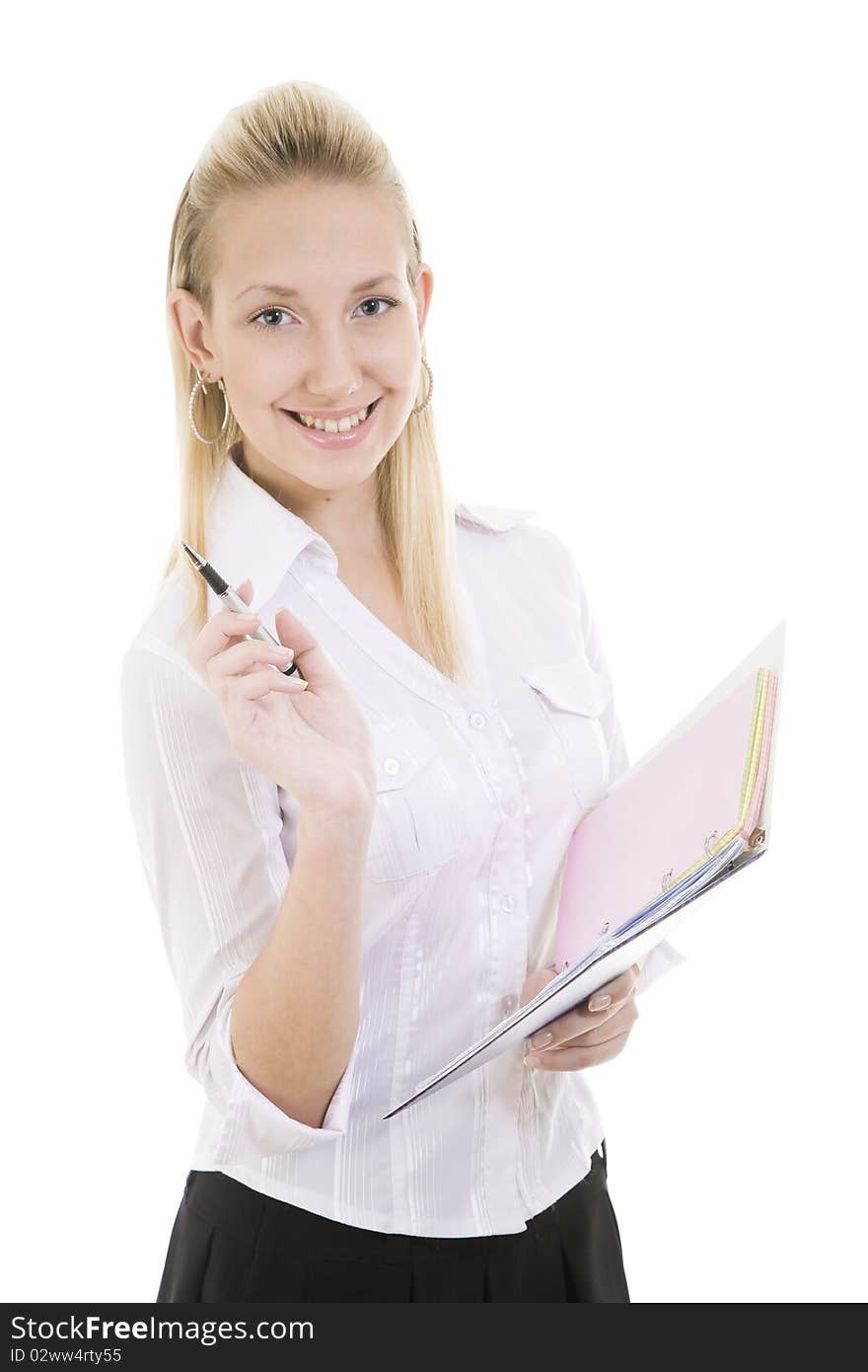 Smiling girl with pen and copybook