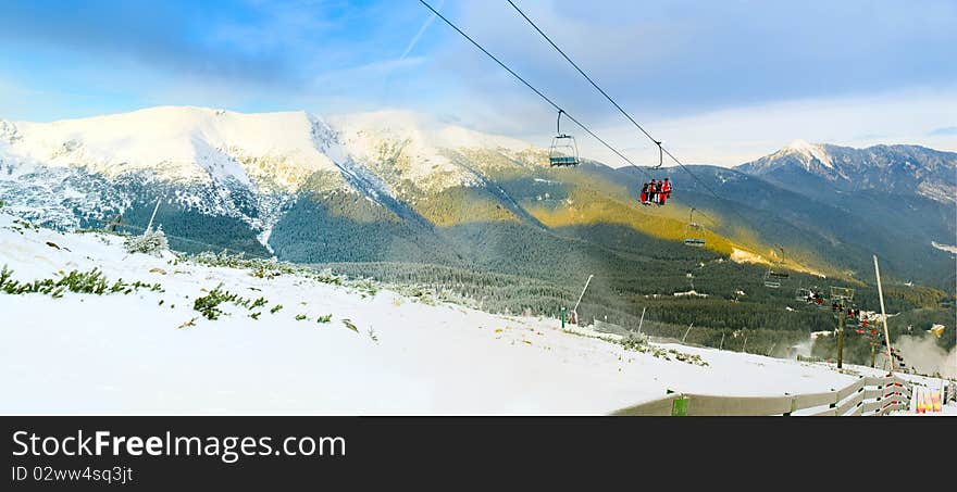 Panorama downhill to the lift. In the background of the mountain. Slovakia