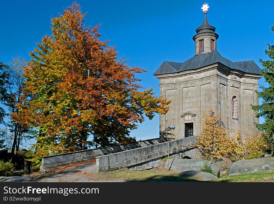 Stone baroque chapel in Broumov Walls in the Czech Republic.