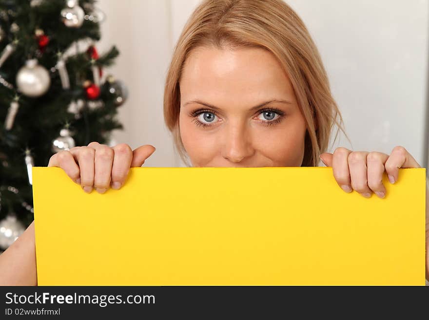 Beautiful blond female angel holding a plate in front of a christmas-tree. Beautiful blond female angel holding a plate in front of a christmas-tree