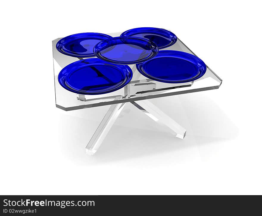 Blue glass plates on transparent table. Blue glass plates on transparent table