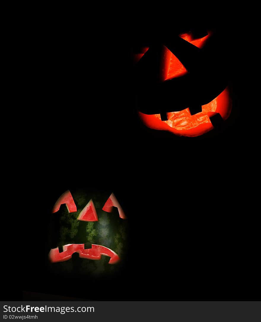 Dark night. 1 pumpkins and 1 watermelon. Dark night. 1 pumpkins and 1 watermelon