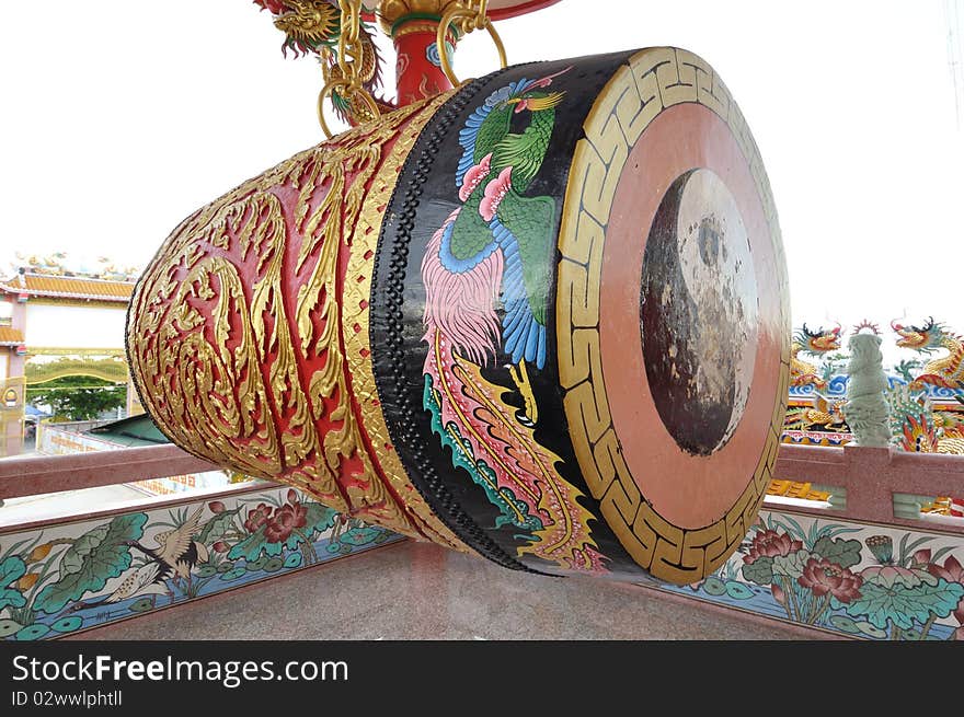 Big old chinese drum with gold pattern