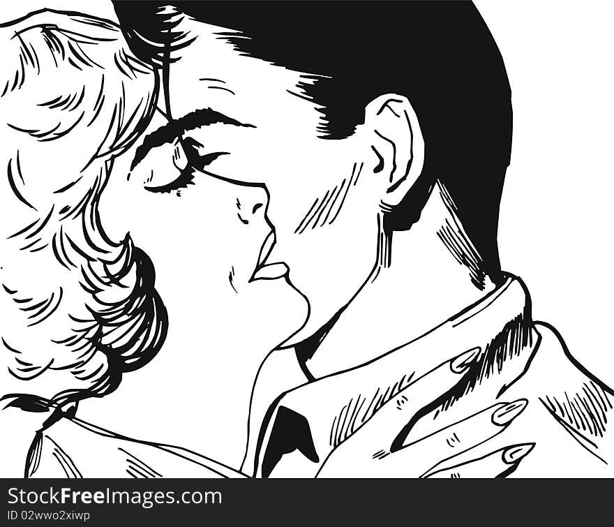 Illustration of couple of lovers, drawn with old comic style