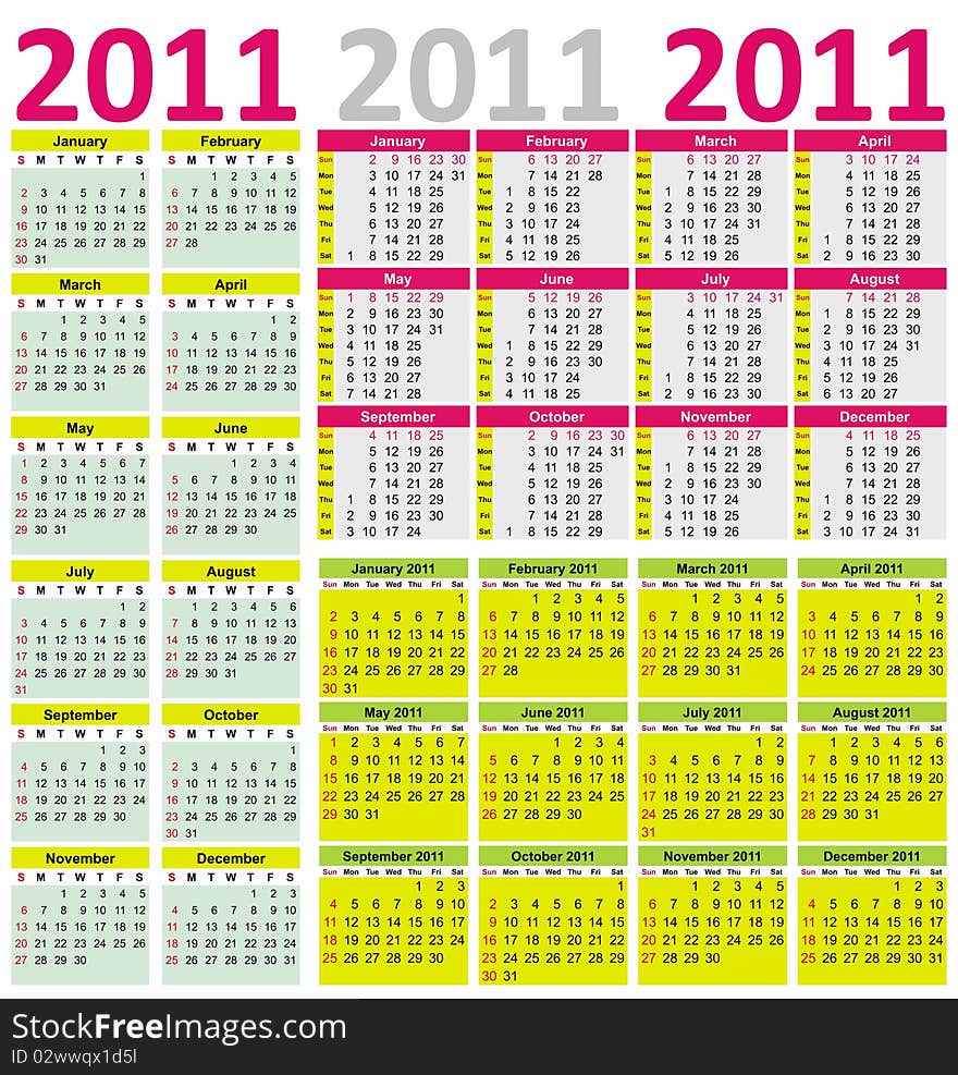 Colorful Calendars set for Year 2011, week starts on Sunday. Colorful Calendars set for Year 2011, week starts on Sunday.