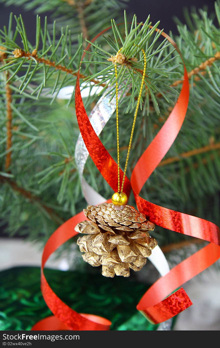 Green branches of trees with Christmas decorations. Green branches of trees with Christmas decorations