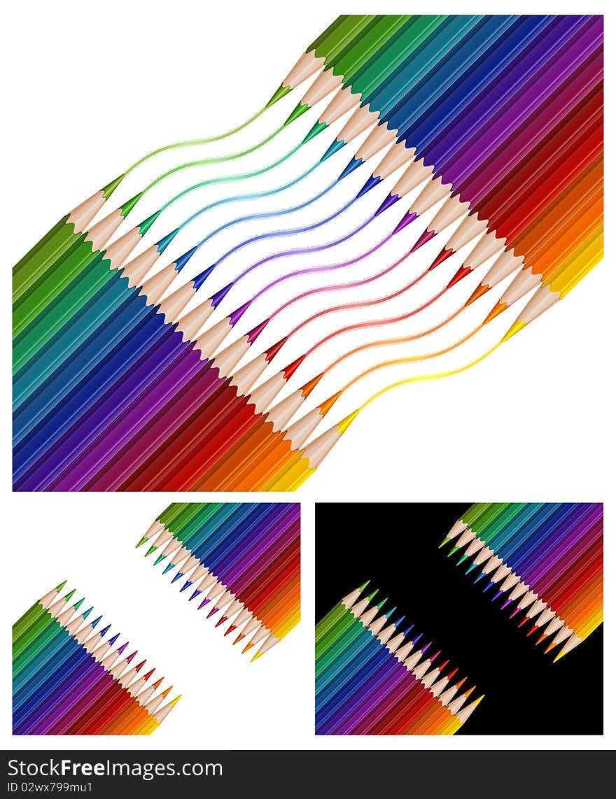 Colored pencils drawing rainbow on white background, illustration