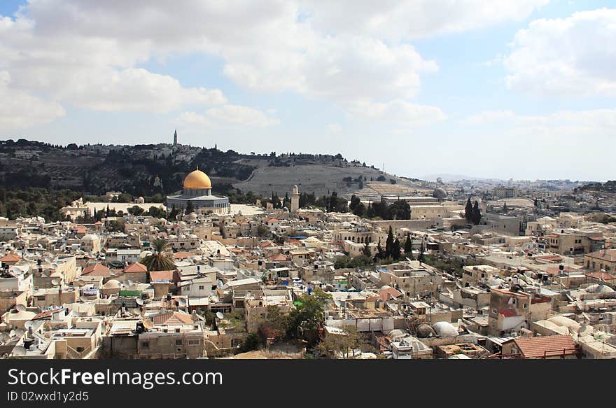 Old city of Jerusalem. Temple Mount: Dome on the Rock, Russian church, jewish cemetery. Everything is close.