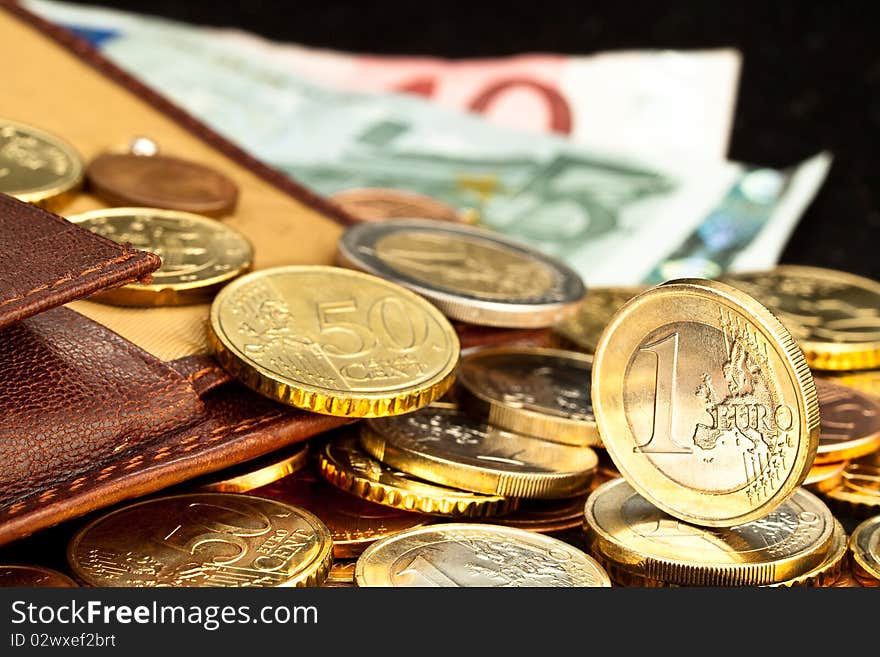 Euro currency in open purse. Euro currency in open purse