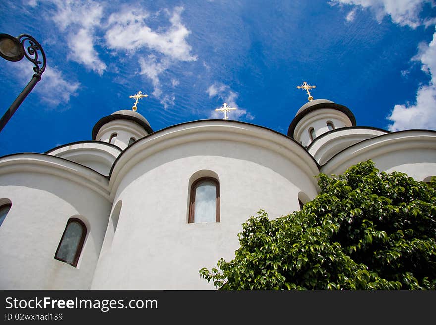 Russian temple in Cuba. Three domes with golden crosses. Russian temple in Cuba. Three domes with golden crosses.