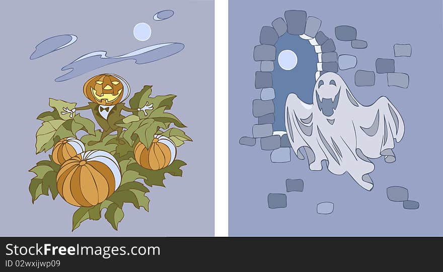 Two vector illustrations of halloween characters - Pumpkinhead and ghost