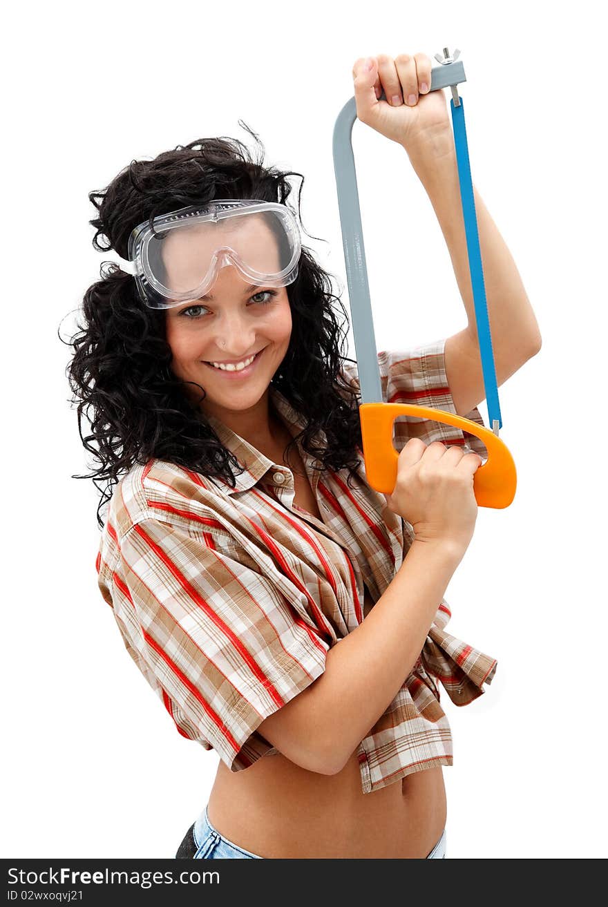 Sexy craftswoman with a saw