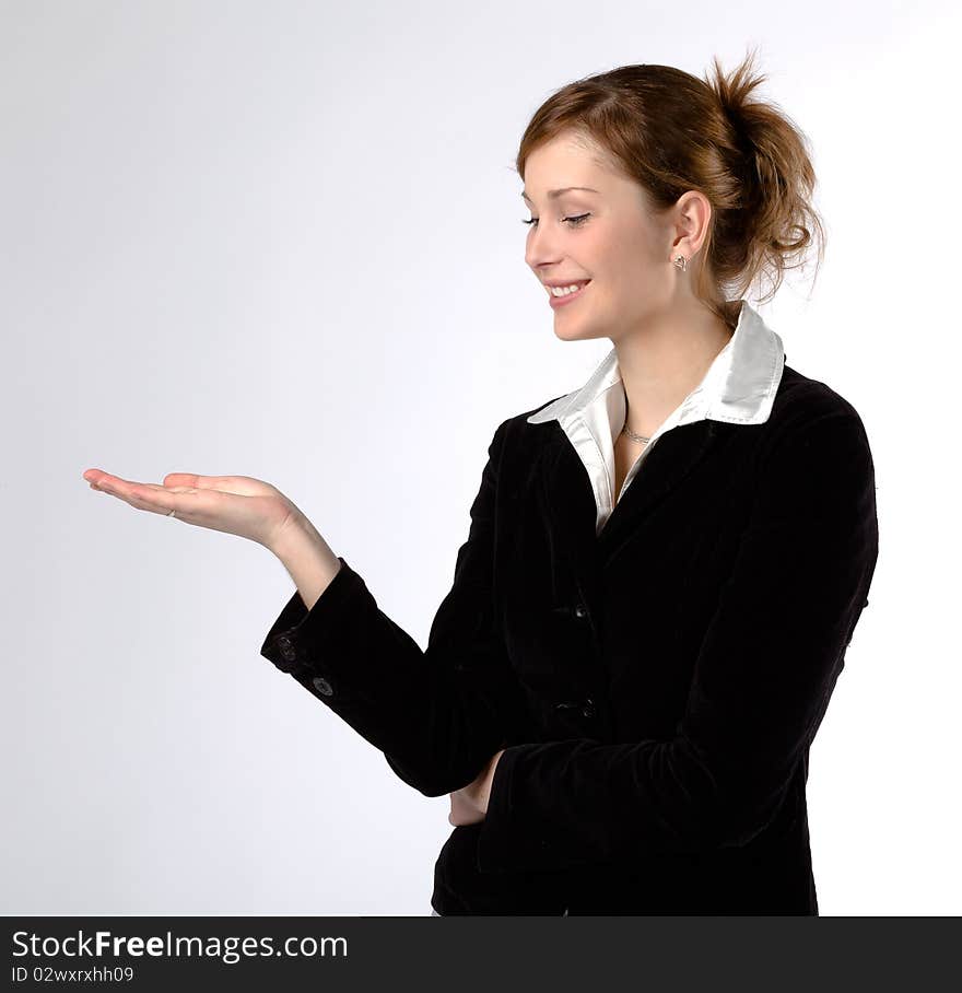 Happy young businesswoman, isolated on a white background