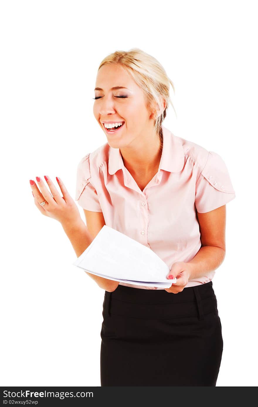 Picture of a emotional business woman with a papers no white background