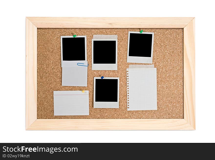 Corkboard with empty frame and notes on isolated