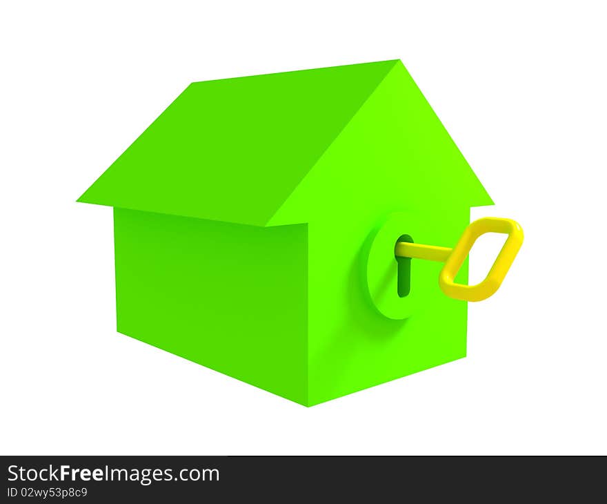 Green house with inserted gold key, white background. Green house with inserted gold key, white background