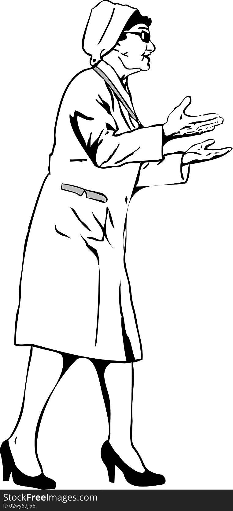 Black and white image of a woman doctor in a white coat