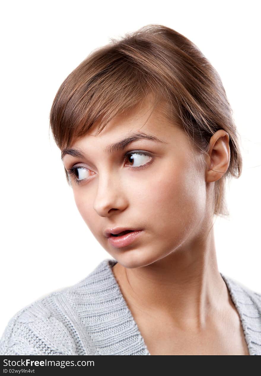 Portrait of the young girl on white background