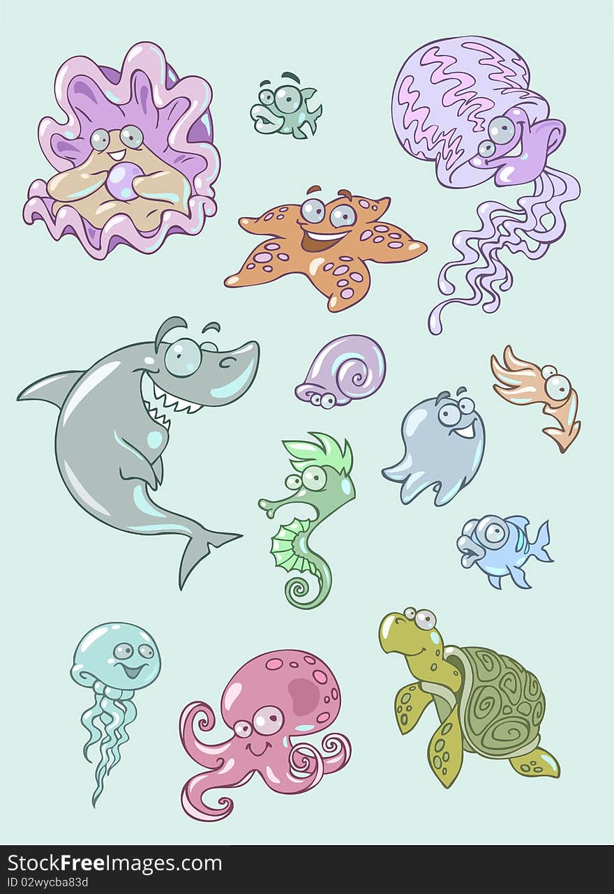 Colorful vector illustration of different sea animals and fish. Colorful vector illustration of different sea animals and fish