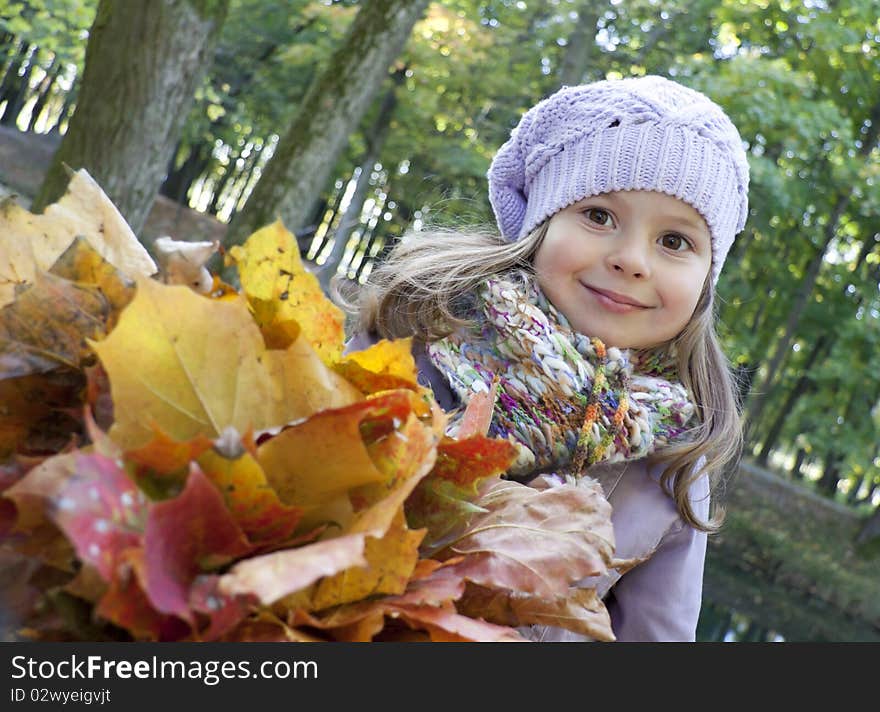 The joyful child holds in a hand a bouquet from the fallen down leaves. The joyful child holds in a hand a bouquet from the fallen down leaves