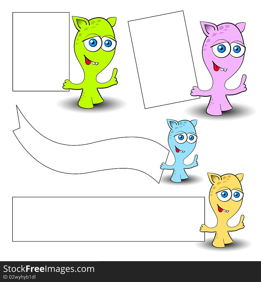 Monsters with posters holding blank cards isolated on white