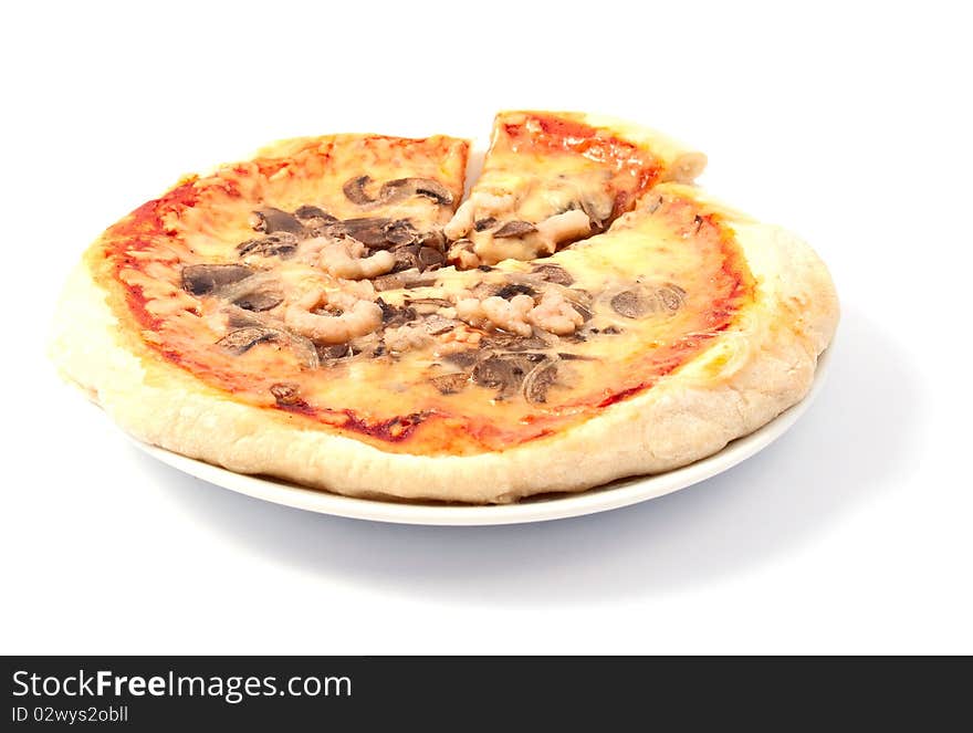 Pizza with mushrooms on a white background