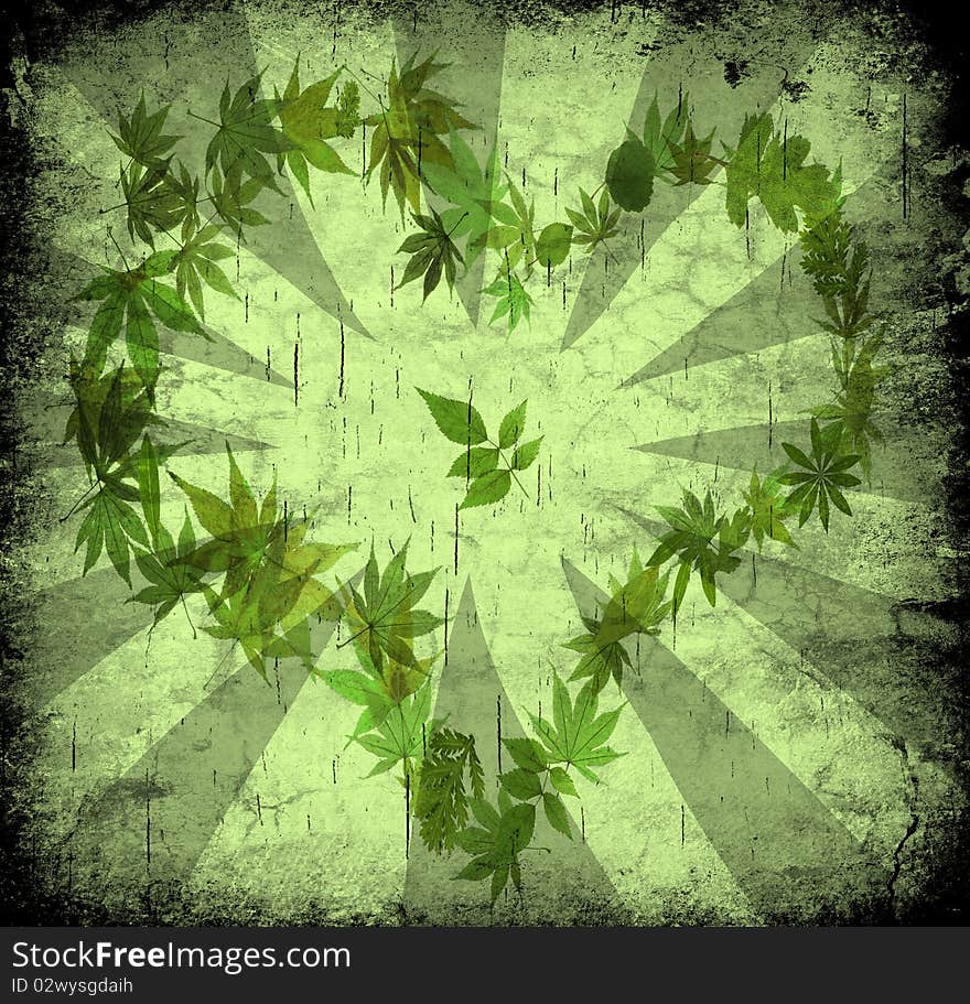 Green heart shape by leaves on grunge background. Green heart shape by leaves on grunge background