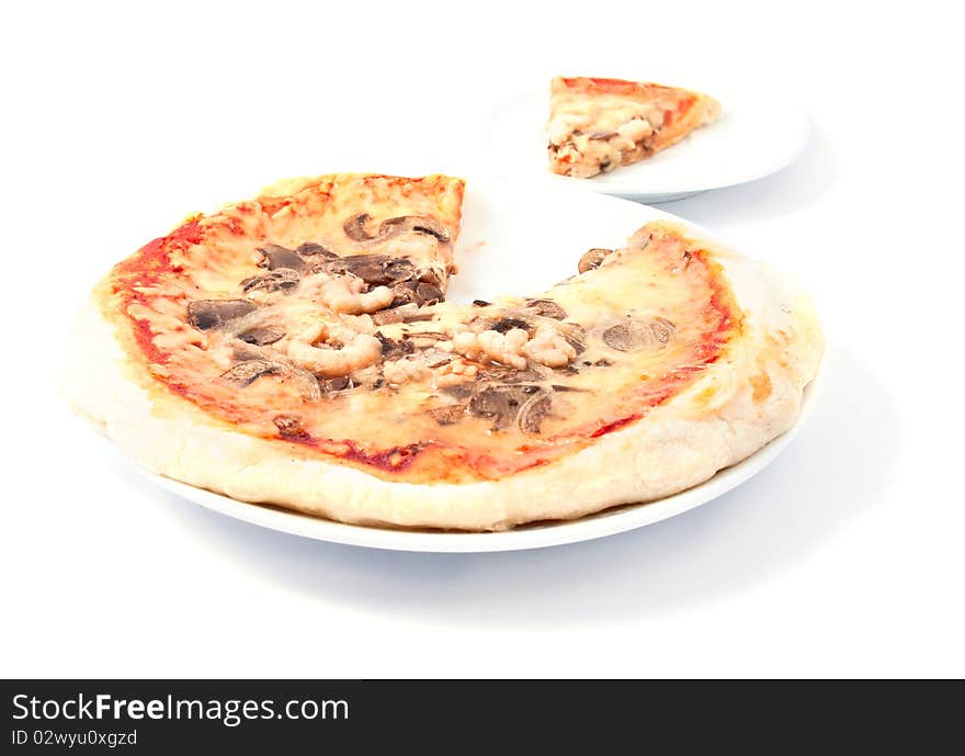 Pizza with mushrooms on a white background