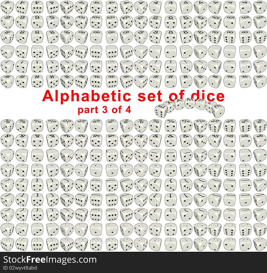 Sprites set Alphabetic Dice it's full set consist from letters, digits and signs on a top side of the dice. Dice are rotated on 360 �������� with step of 20 degrees. On lateral sides dice looks like usual dice. By means of the given set it is possible to make any inscription from dice. Each sprite have size 256x256 pixels. Part 3 of 4. Sprites set Alphabetic Dice it's full set consist from letters, digits and signs on a top side of the dice. Dice are rotated on 360 �������� with step of 20 degrees. On lateral sides dice looks like usual dice. By means of the given set it is possible to make any inscription from dice. Each sprite have size 256x256 pixels. Part 3 of 4