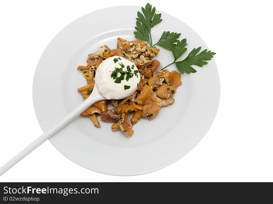 Mushroom food with chanterelles, vegetarian meal cooked with parsley