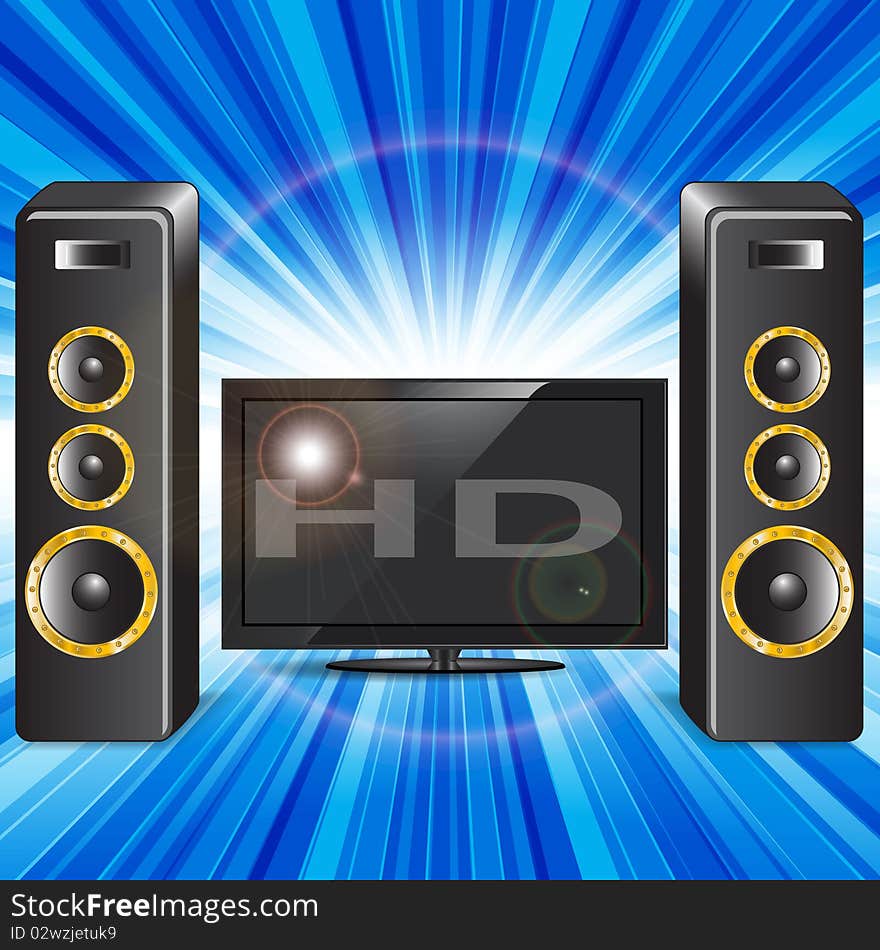 Illustration, television set and music rows on blue background. Illustration, television set and music rows on blue background