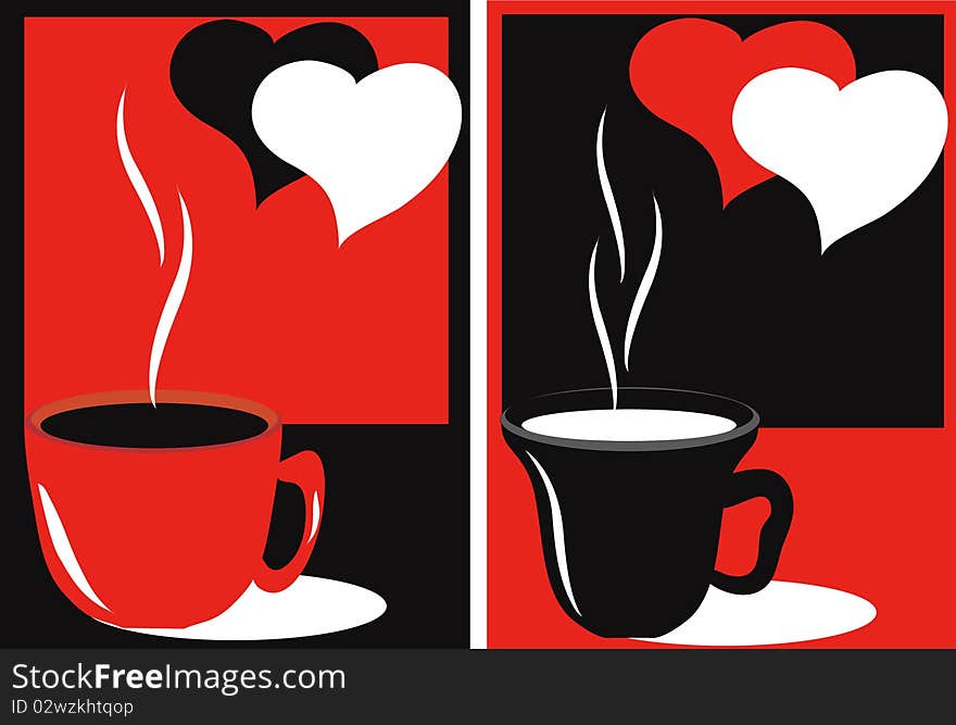 Abstraction with cups of tea amd hearts,red-black colors. Abstraction with cups of tea amd hearts,red-black colors.