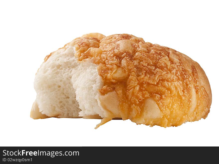 Rich white bread topped with cheese on a white background.