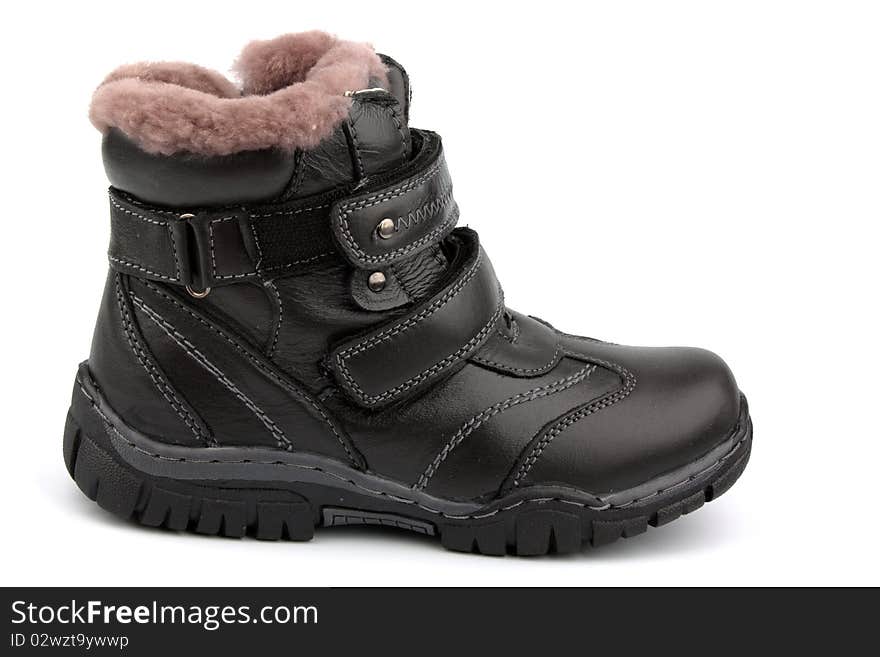 Children's boot back, leather, winter on a white background