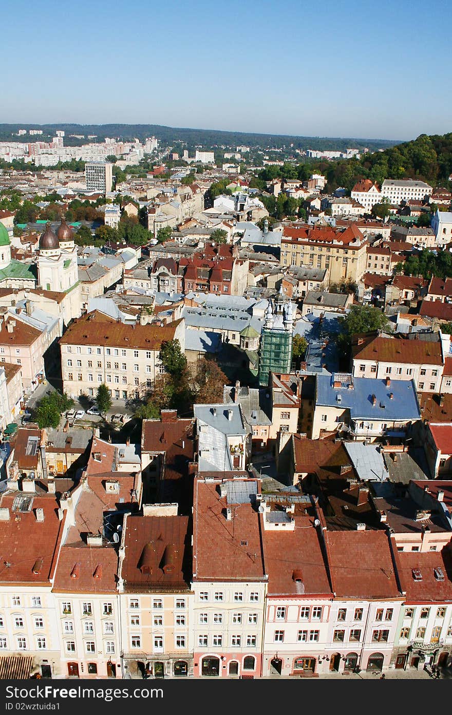 Panorama of a city of Lvov on a blue sky