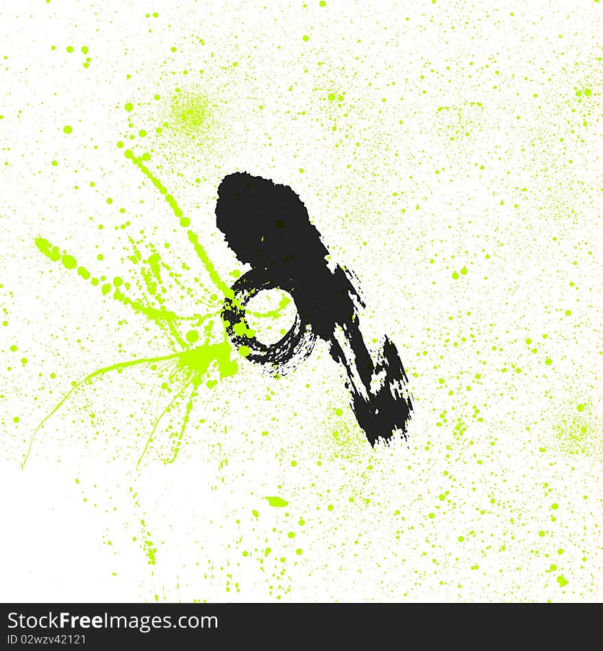 A white background with a big black ink splatter and green dots. A white background with a big black ink splatter and green dots