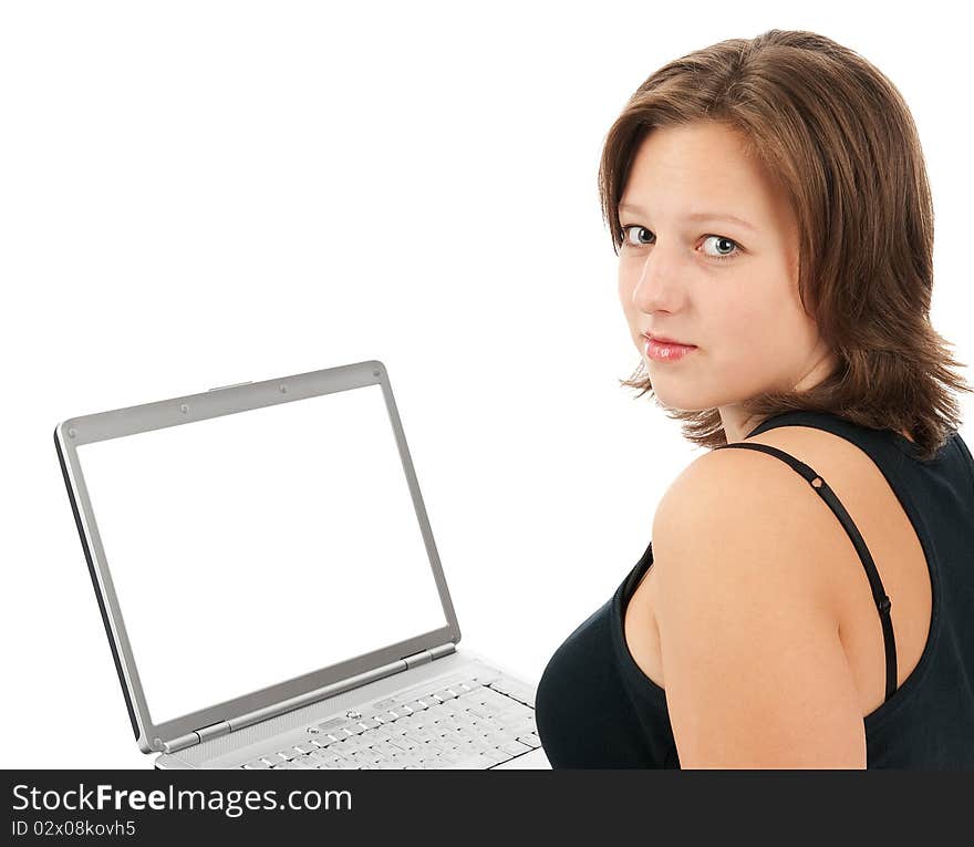 Young woman with a laptop isolated on a white