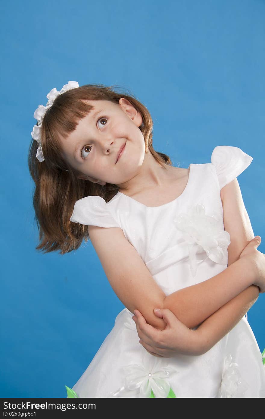 The girl the princess in a white dress. Blue background. The girl the princess in a white dress. Blue background.