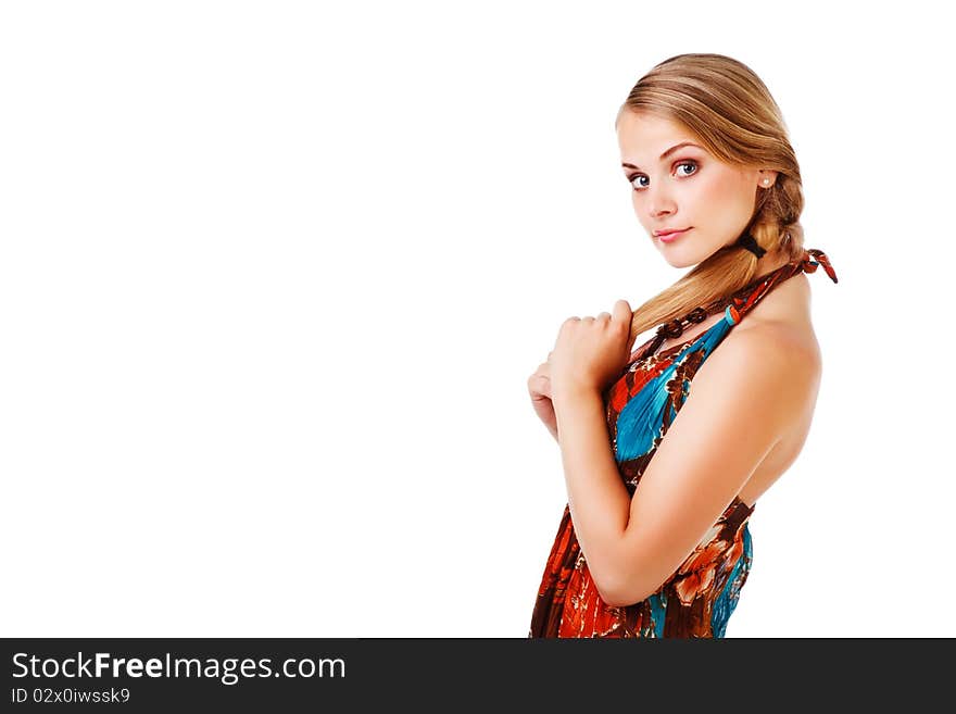 Picture of a charming young lady in colorful dress on white background