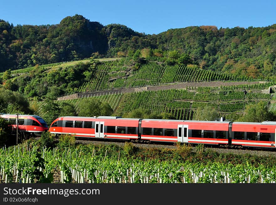 Red train passing through green landscape with vineyards in fa. Red train passing through green landscape with vineyards in fa