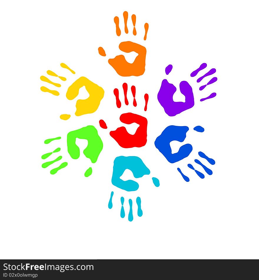 Color prints of small children's hands on whine