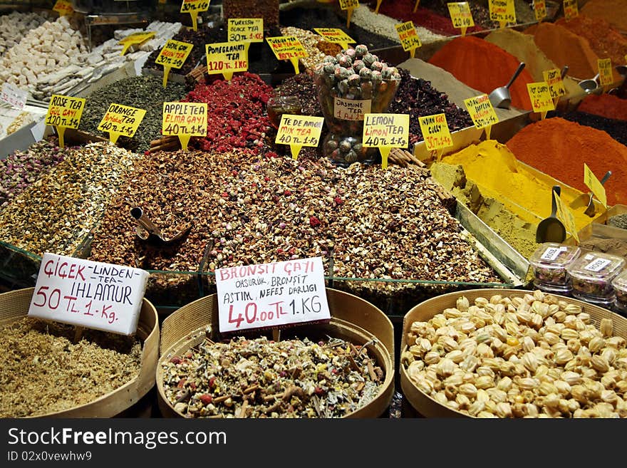 A view of spice market in the Spice Bazaar in istanbul, Turkey.