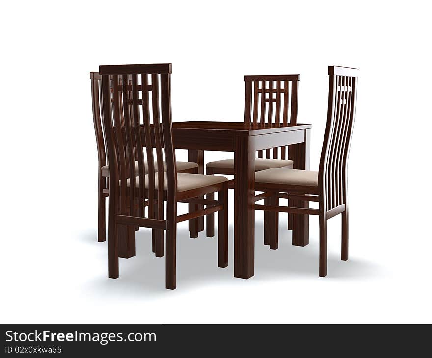 3d chairs and table on the white background