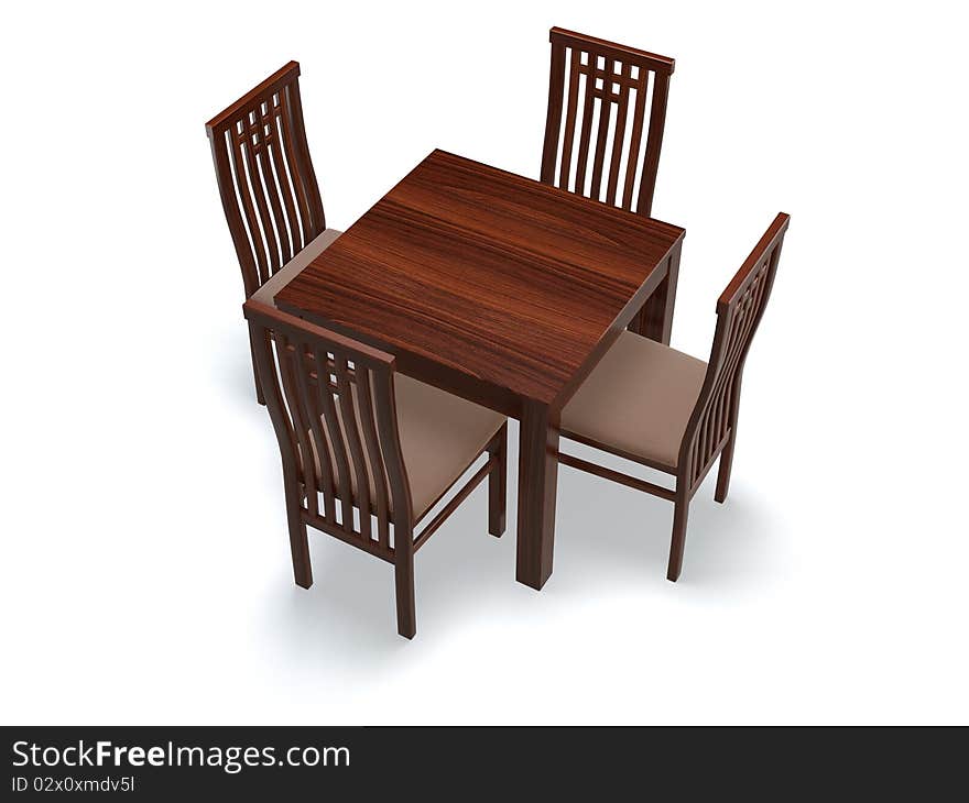 3d chairs and table on the white background