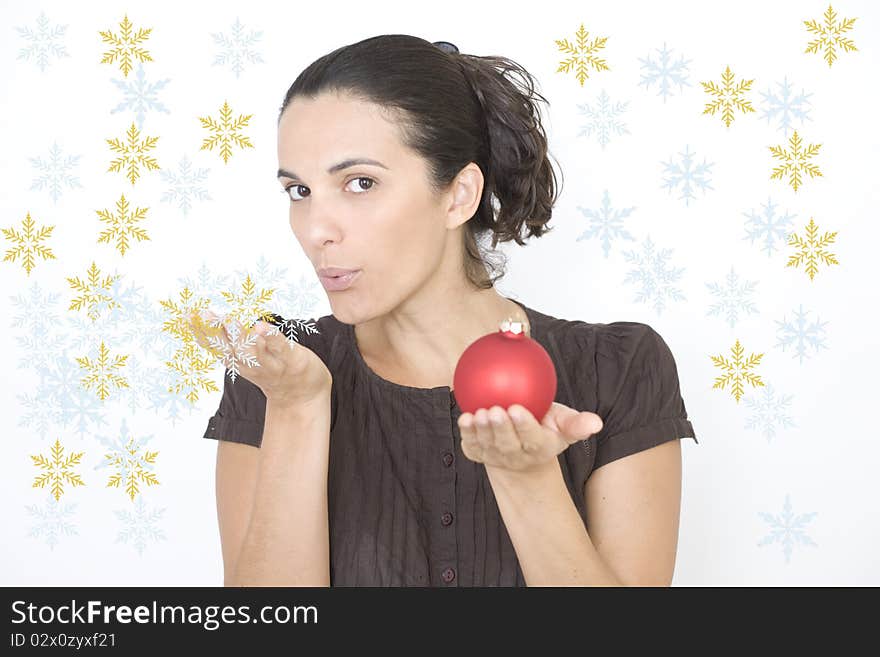 X-mas woman with two red glass beads on Christmas. X-mas woman with two red glass beads on Christmas